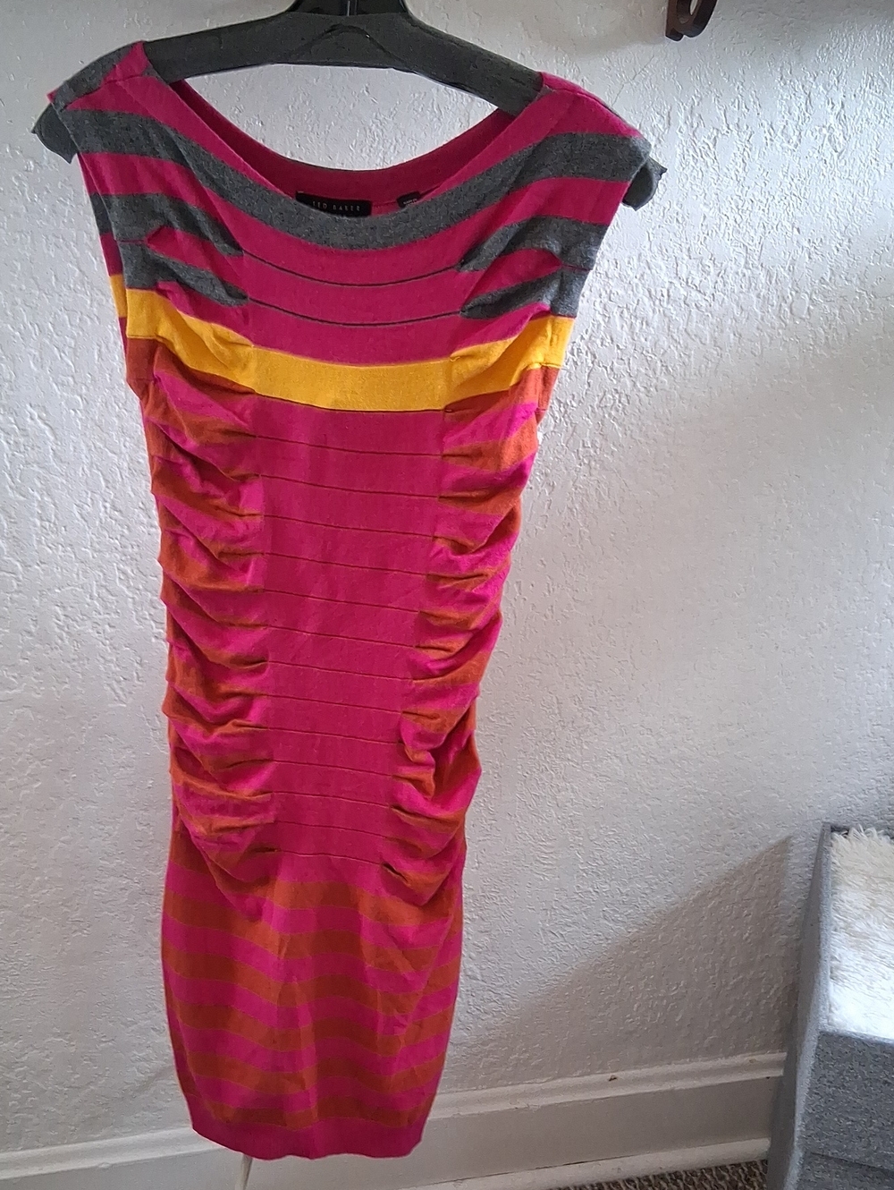 Ted Baker Fuchsia, Gray and Yellow Striped Ruched Midi Dress